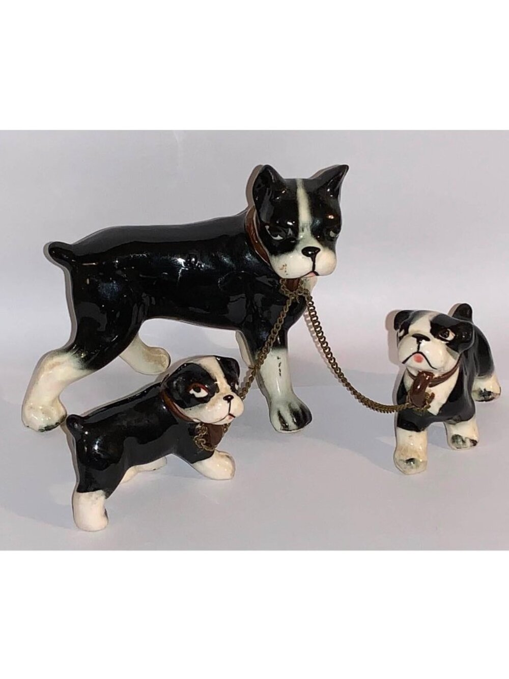 Vintage Chained Black & White Dog Family of Mom w/ 2 Puppies Ceramic Figurines